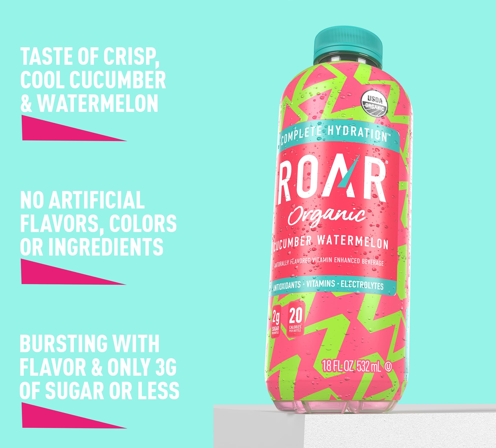 ROAR Organic Electrolyte Infusions cucumber watermelon bottle poured into glass for quick hydration