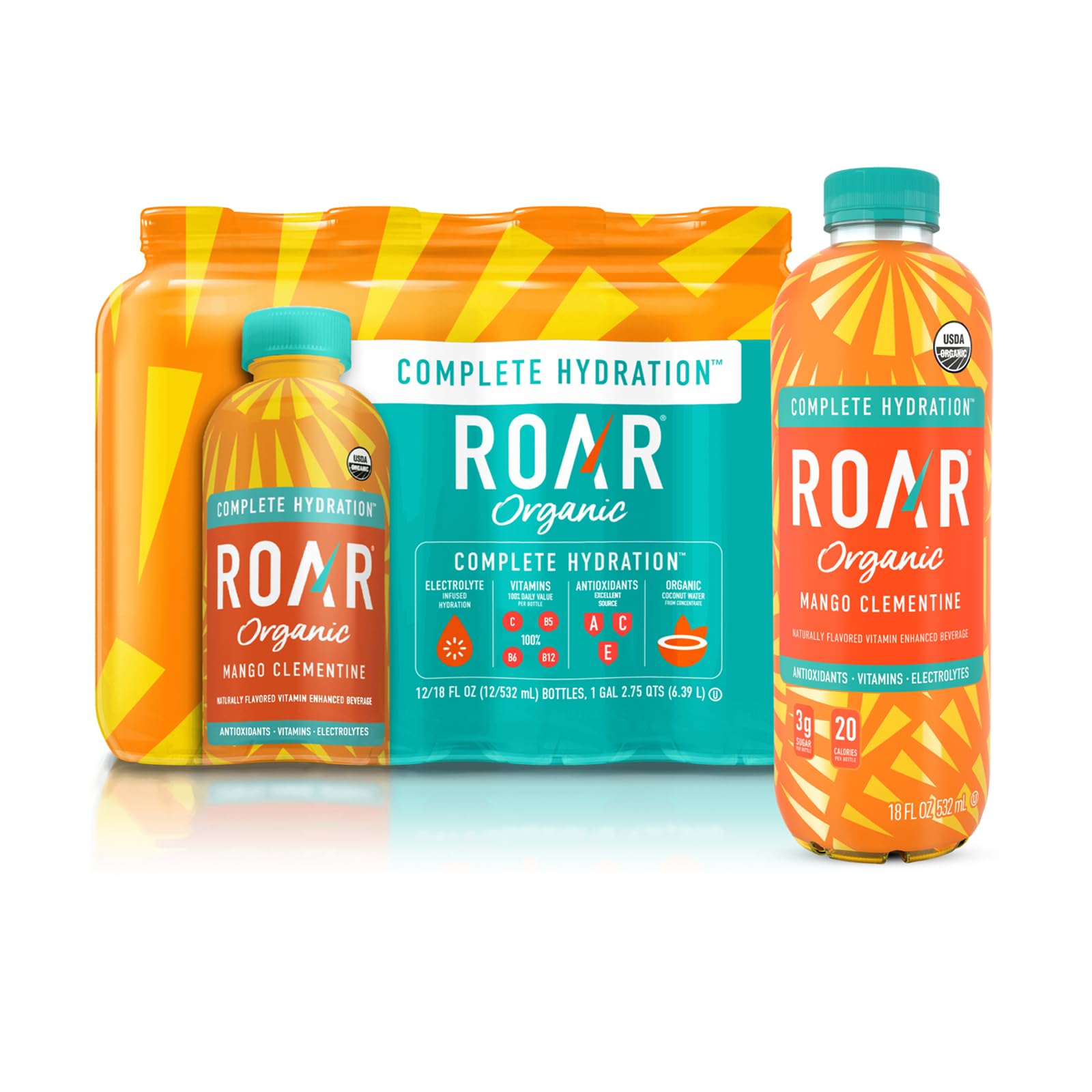 ROAR Organic Mango Clementine bottle front view for refreshing hydration.