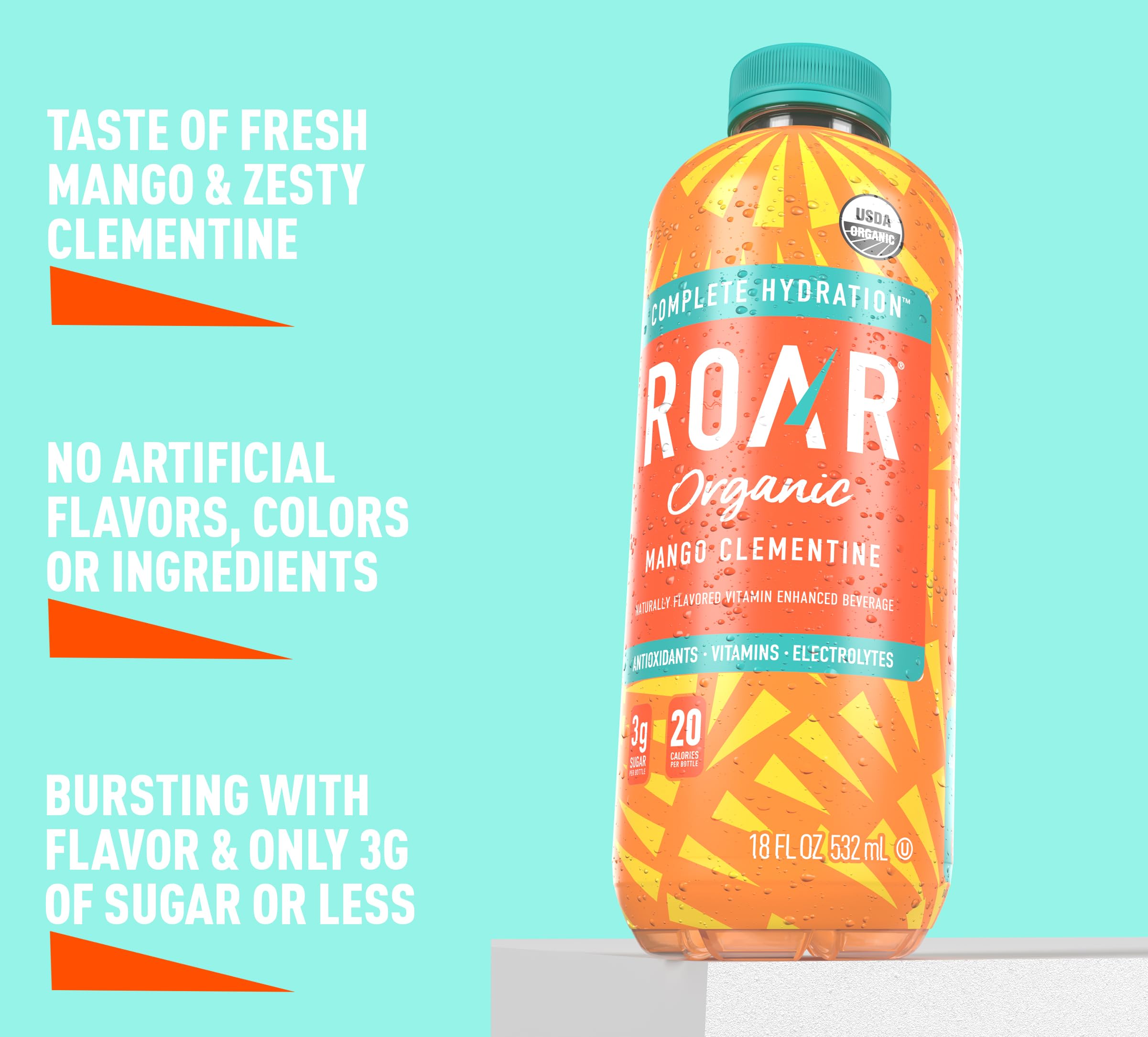 Pack of ROAR Organic Mango Clementine 18 oz bottles in case.