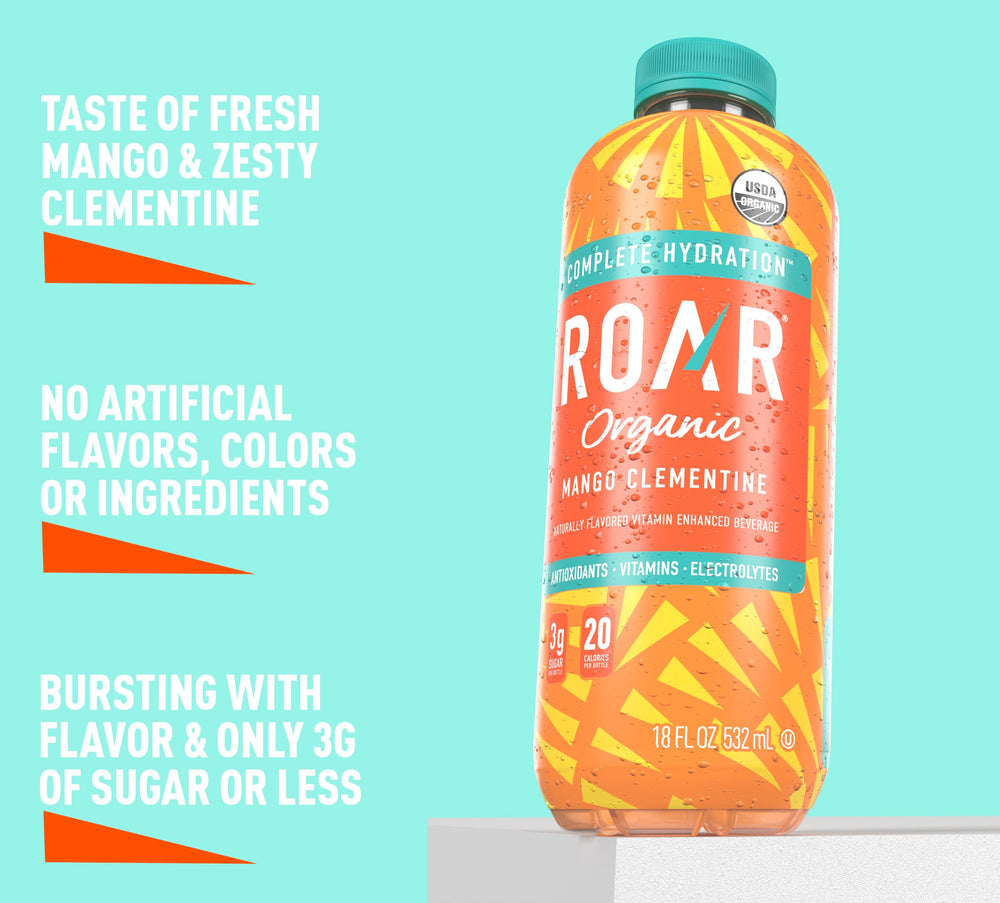 Pack of ROAR Organic Mango Clementine 18 oz bottles in case.
