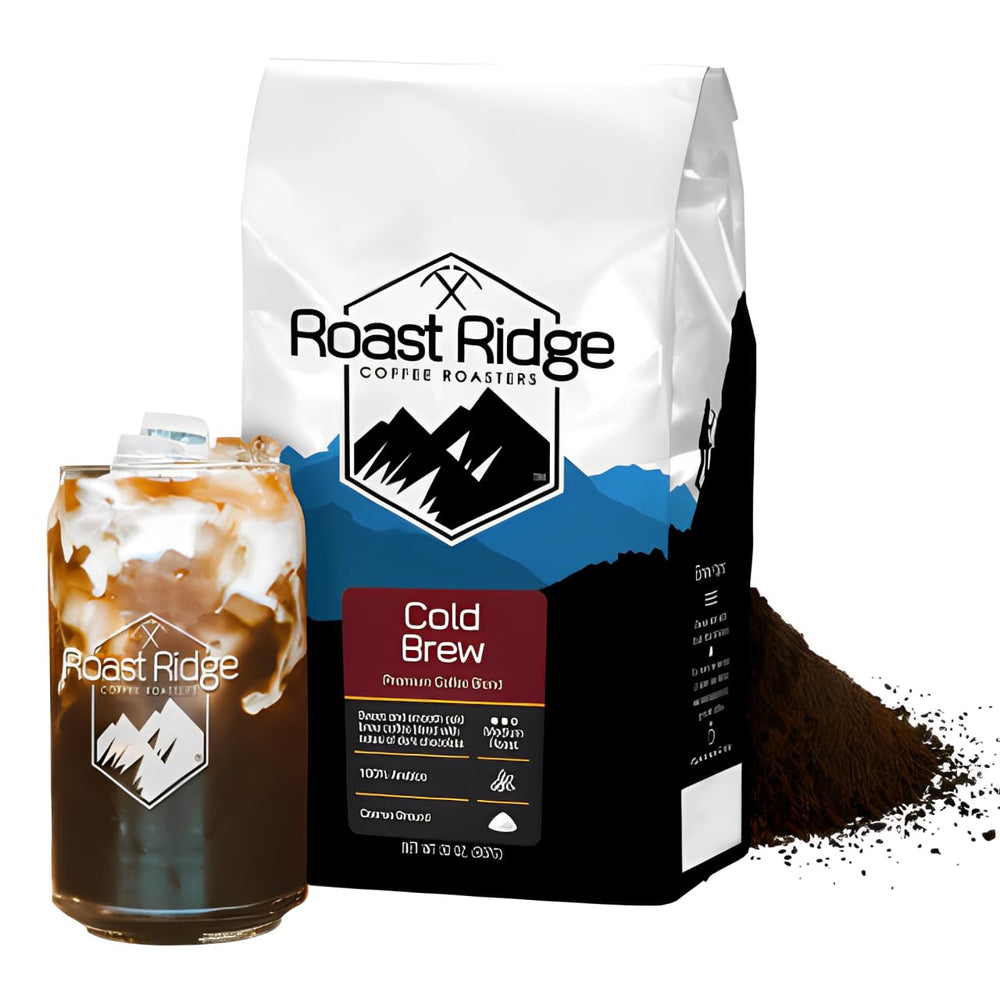 Roast Ridge ground cold brew coarse bag highlights ideal grind for smooth iced coffee.