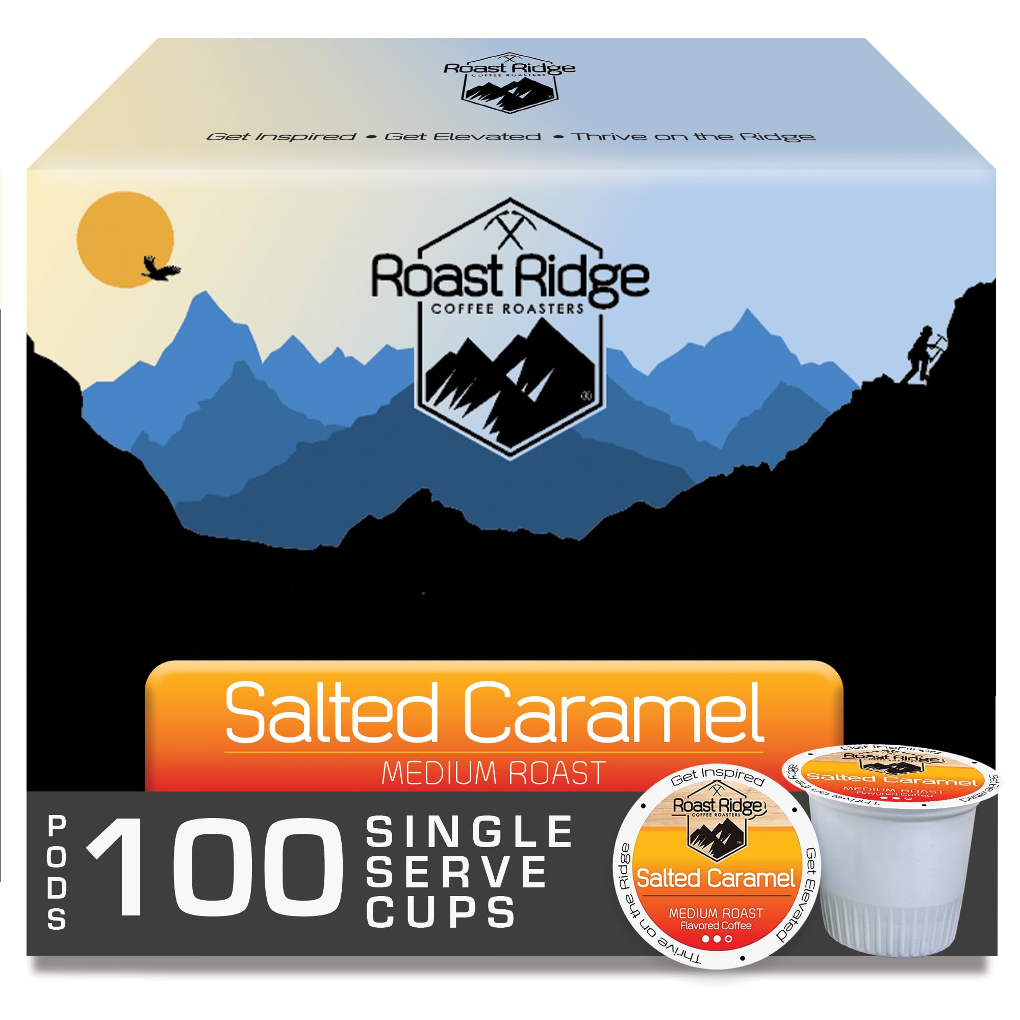 Roast Ridge Salted Caramel coffee pods, front view, convenient single-serve brewing.