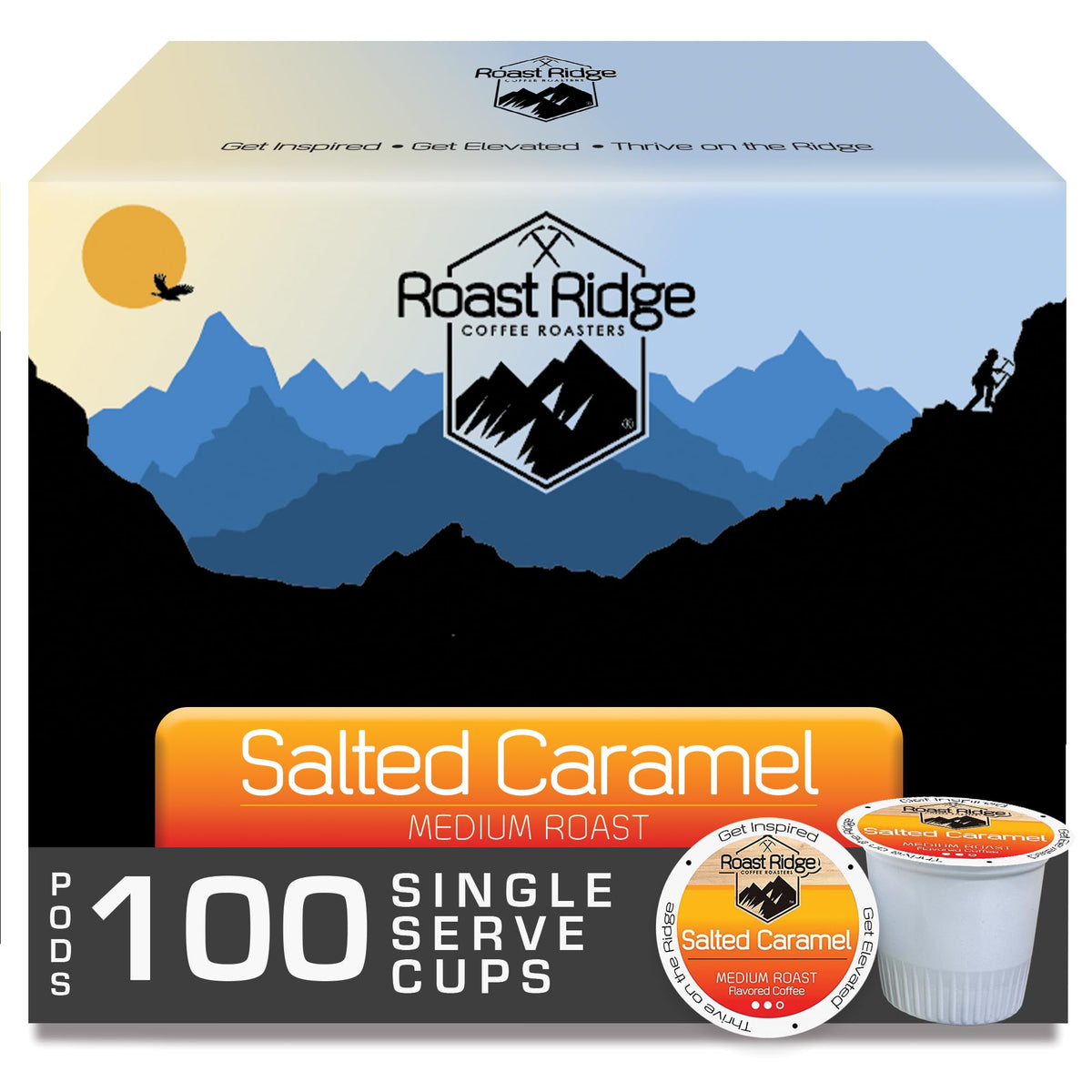 Roast Ridge Salted Caramel coffee pods, front view, convenient single-serve brewing.