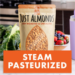 Roastery Coast almonds steam pasteurized for safe, natural processing.