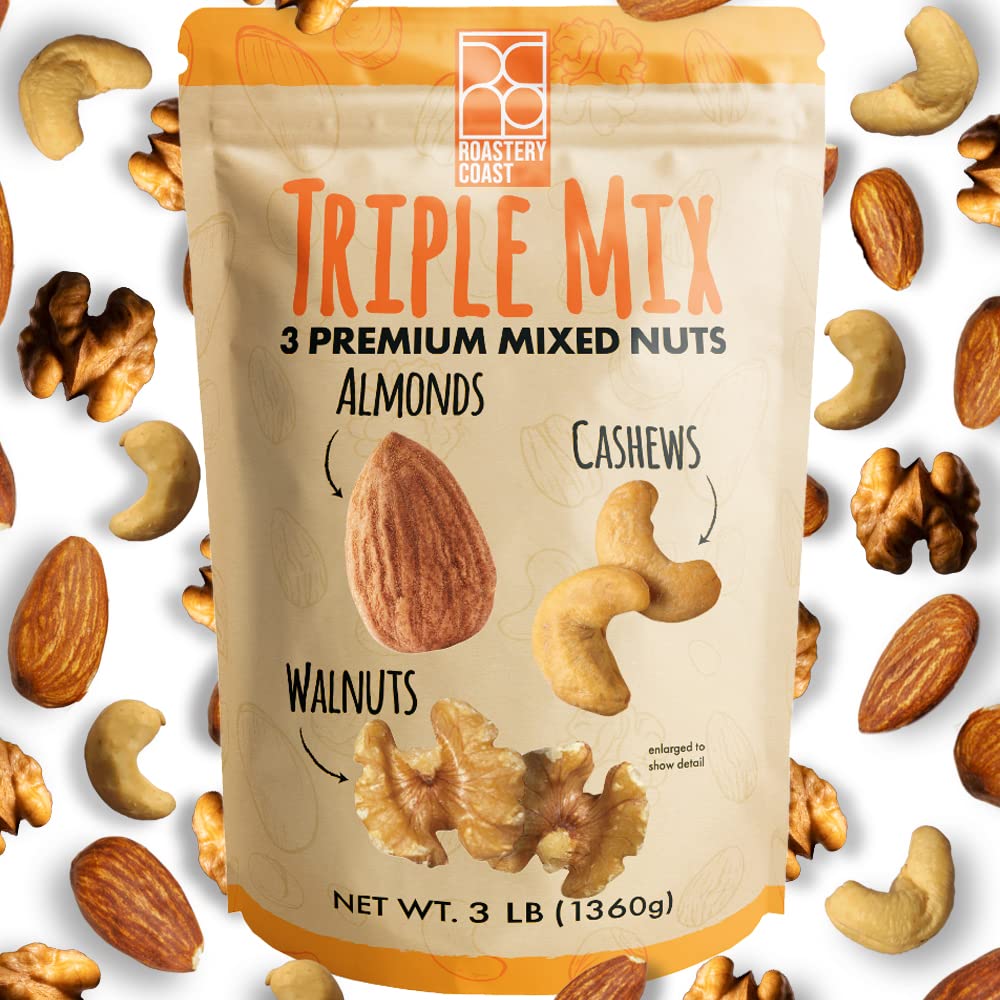 Roastery Coast daily nuts mix pack closeup showing almonds, cashews, walnuts for a wholesome snack.