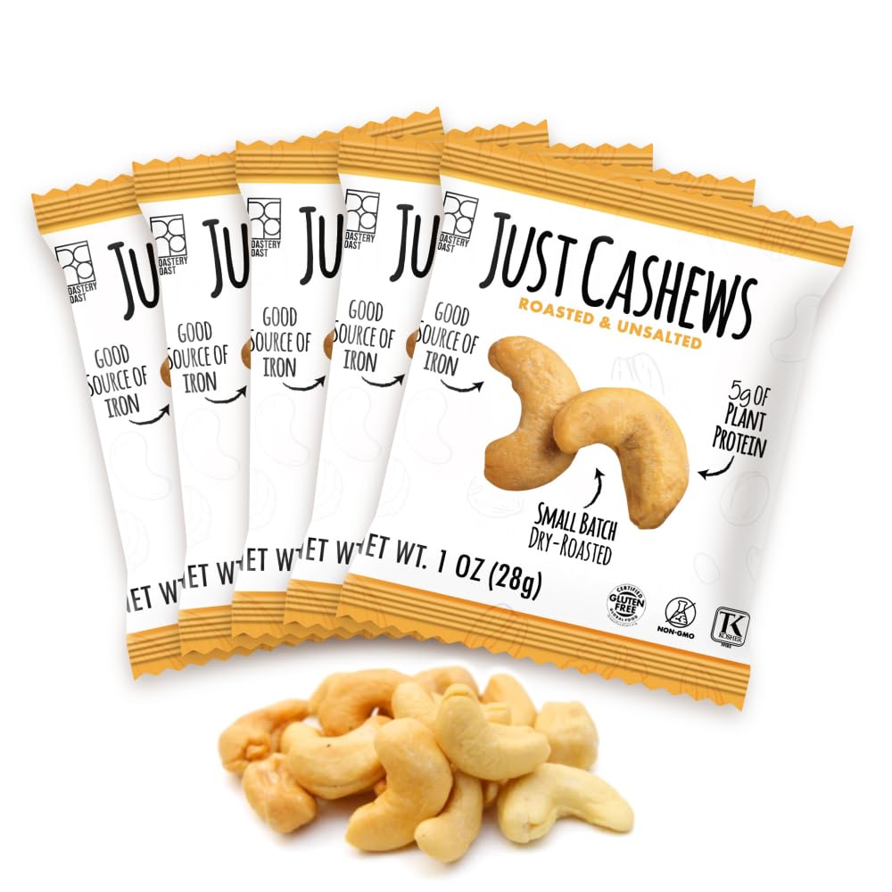 Roastery Coast Just Cashews unsalted 1oz pouch, convenient on the go snack.
