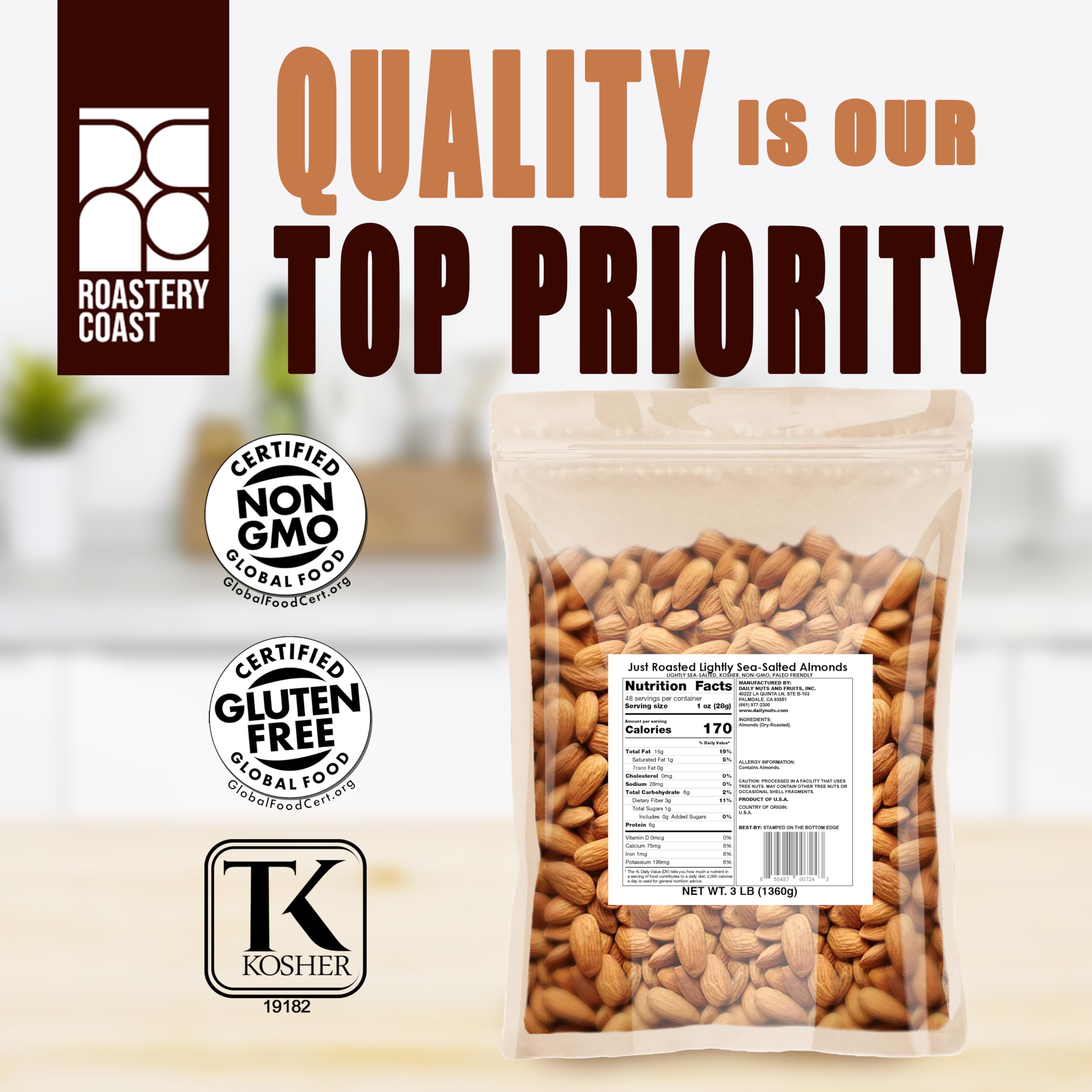 Roastery Coast lightly salted almonds – crisp, balanced flavor.