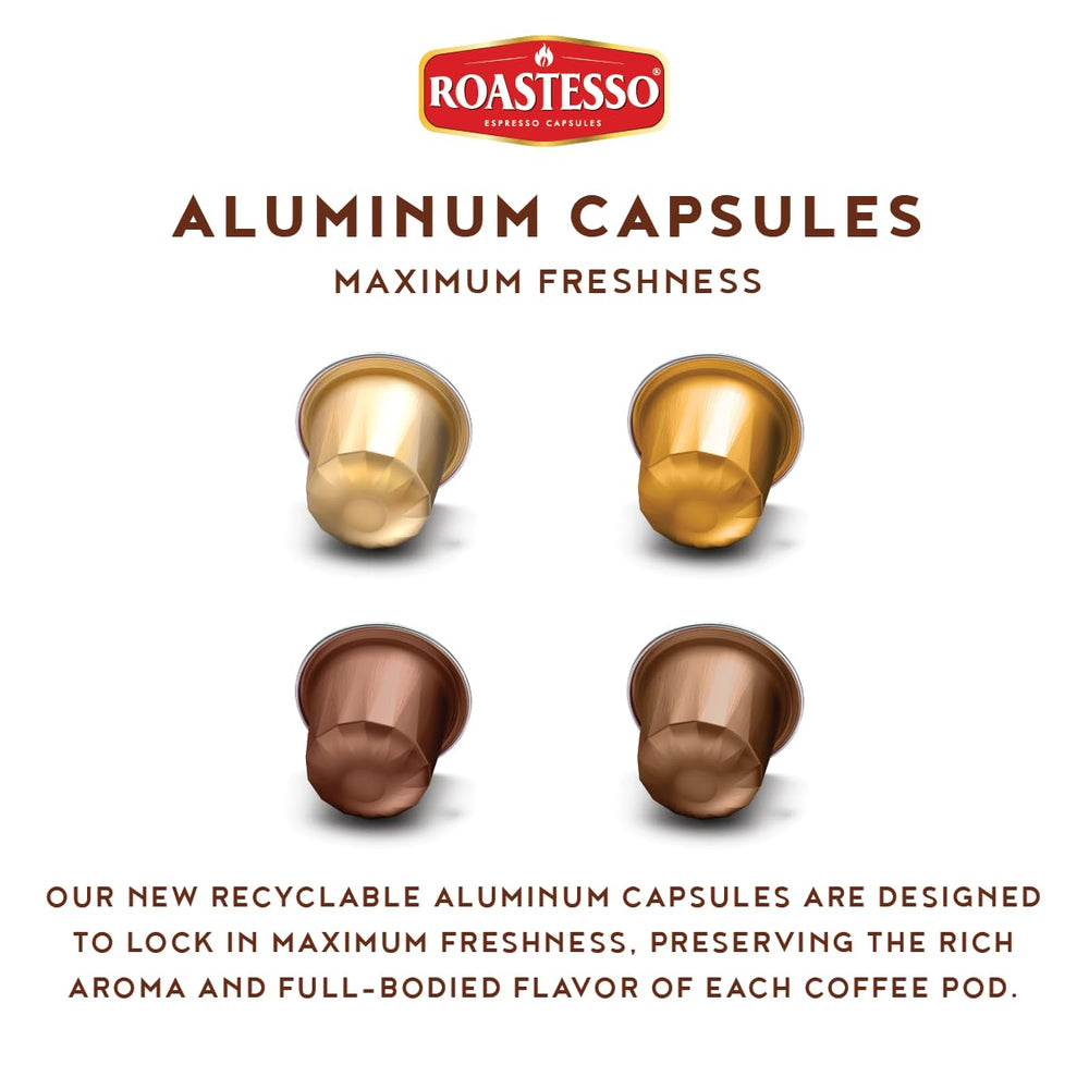Roastesso Caramel capsules offer rich sweetness with bold body for café-style drinks at home.
