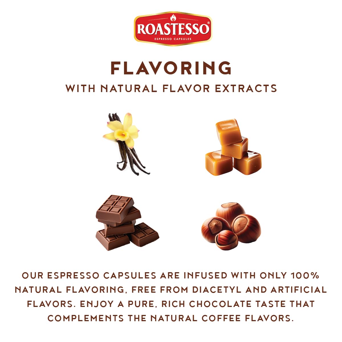 Roastesso Chocolate capsules deliver velvety finish with aromatic cocoa notes.
