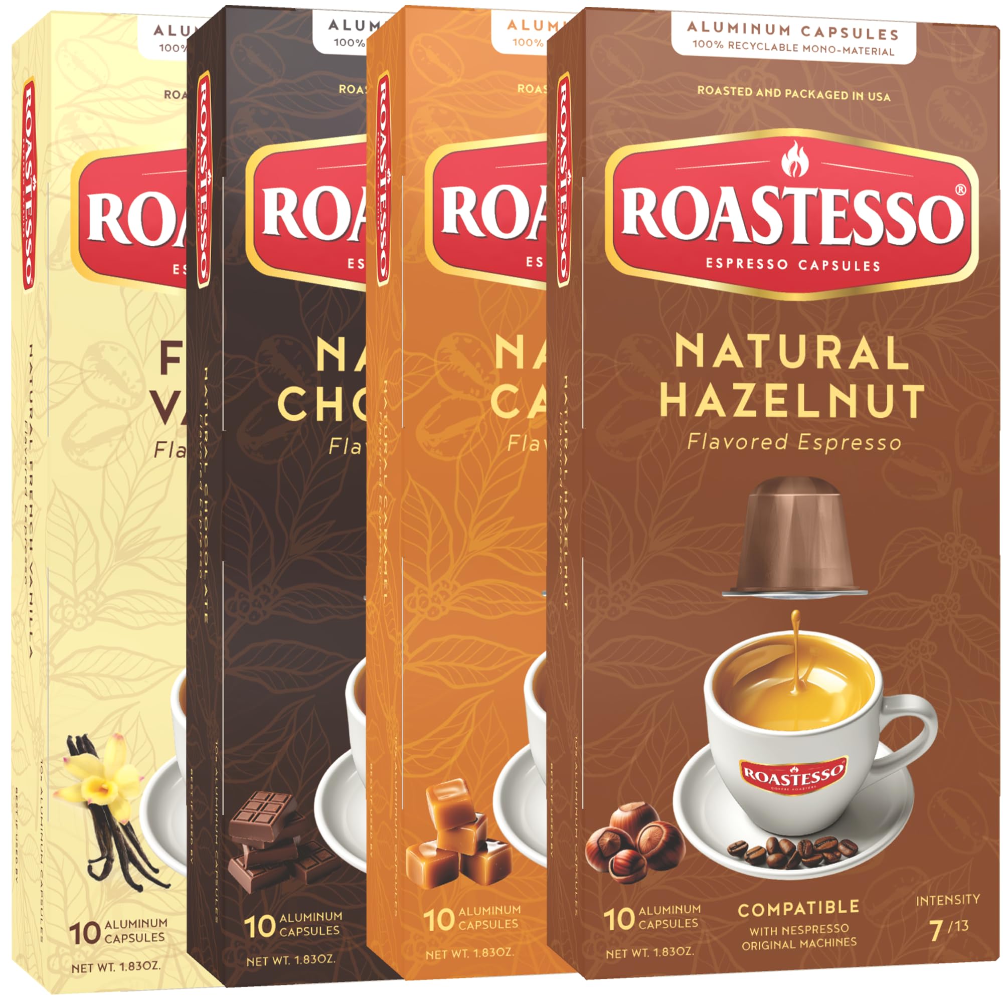 Roastesso flavors variety pack box highlights four natural espresso flavors for home brewing variety.