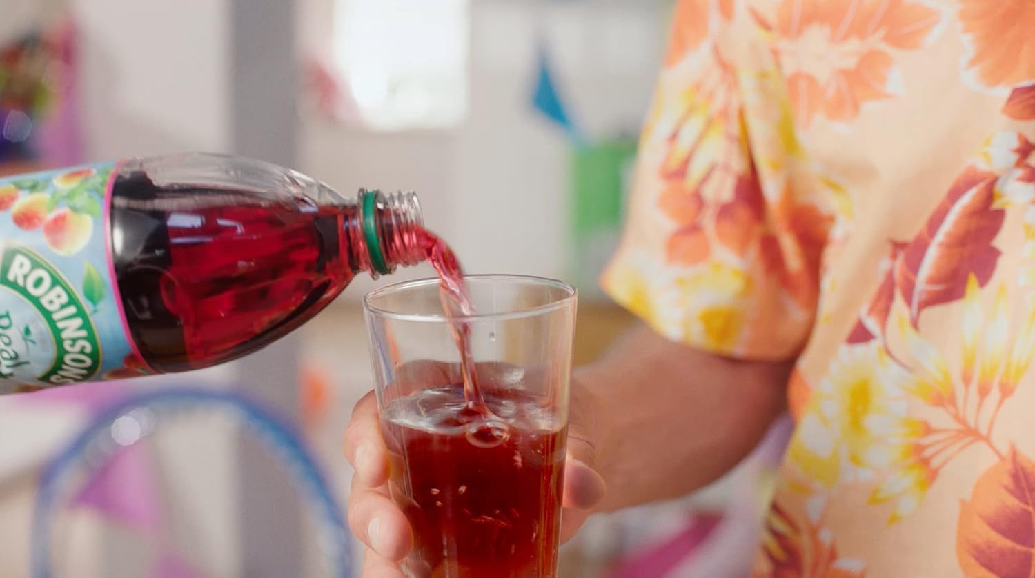 Robinsons Apple & Blackcurrant label detail highlights real fruit juice