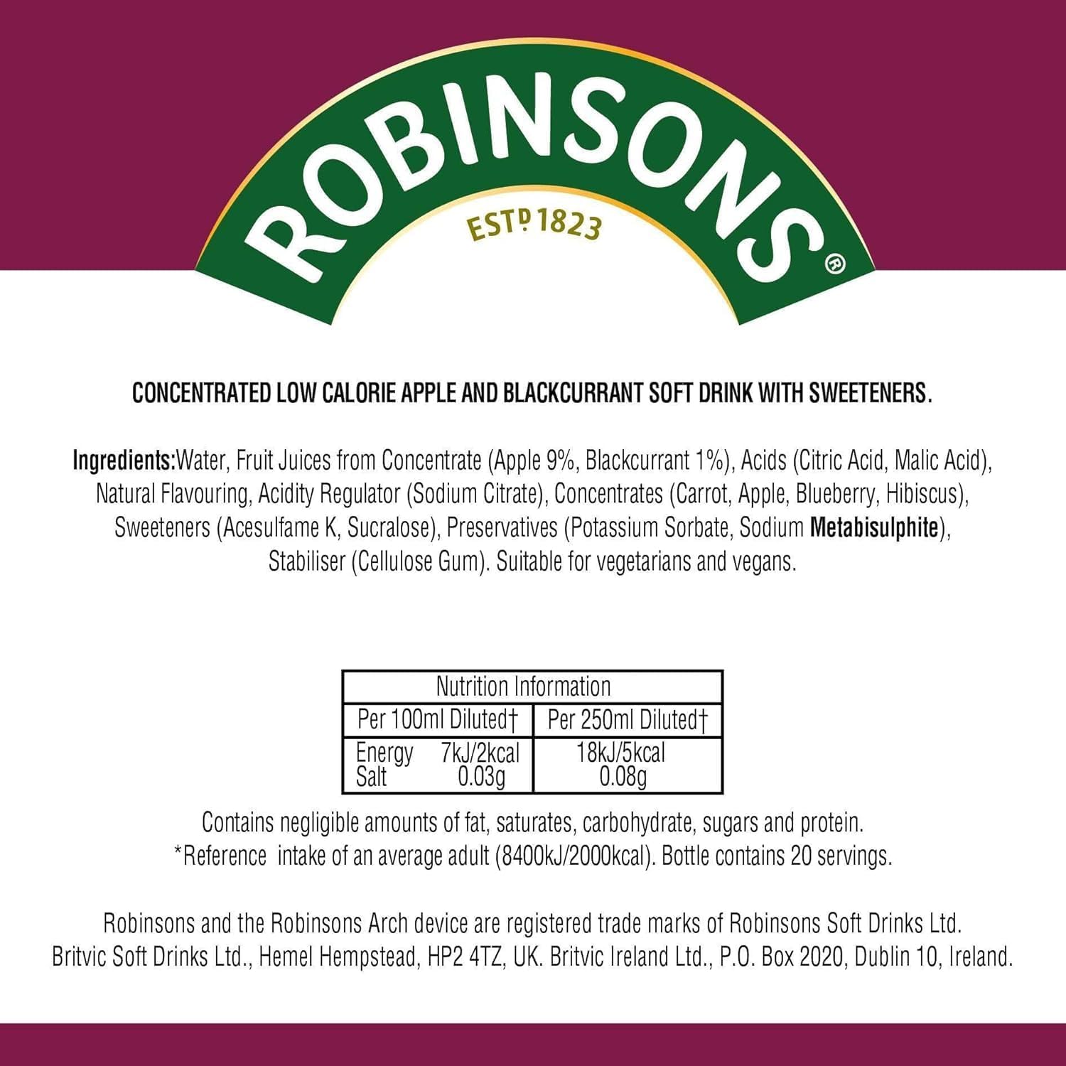 Robinsons Apple & Blackcurrant no added sugar badge on the bottle