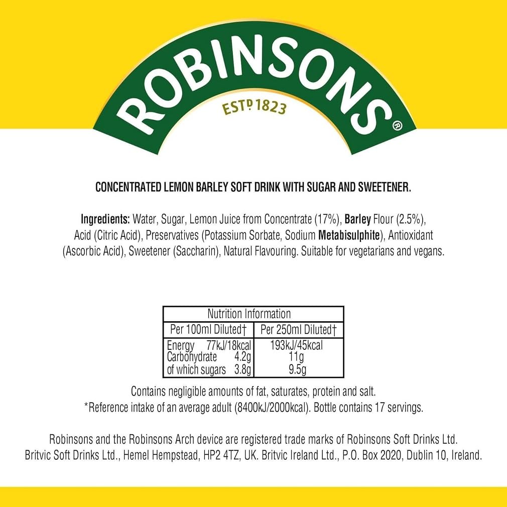 Robinsons Water Lemon Barley close-up of label detail.