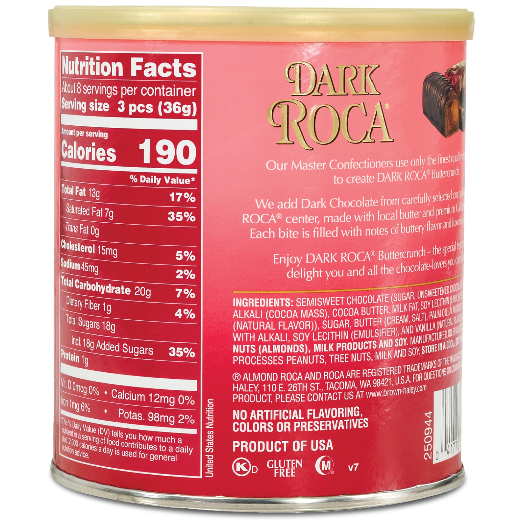 Roca 10oz canister with foil-wrapped pieces keeps freshness