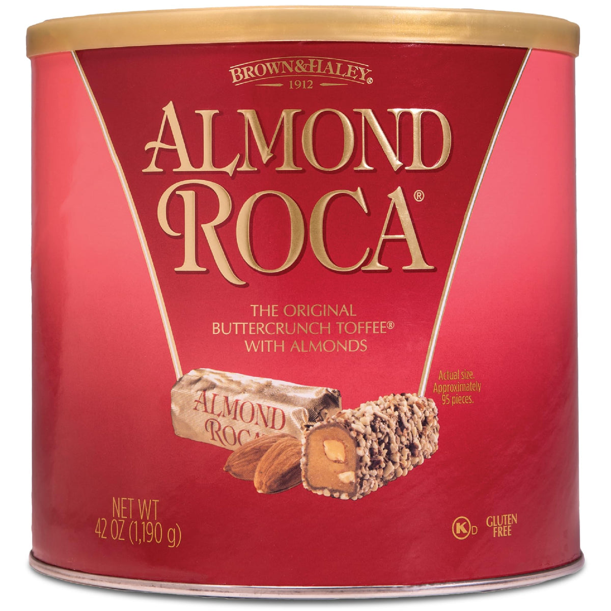 Roca Almond Buttercrunch canister close-up, 42oz, ideal for gifting and sharing.