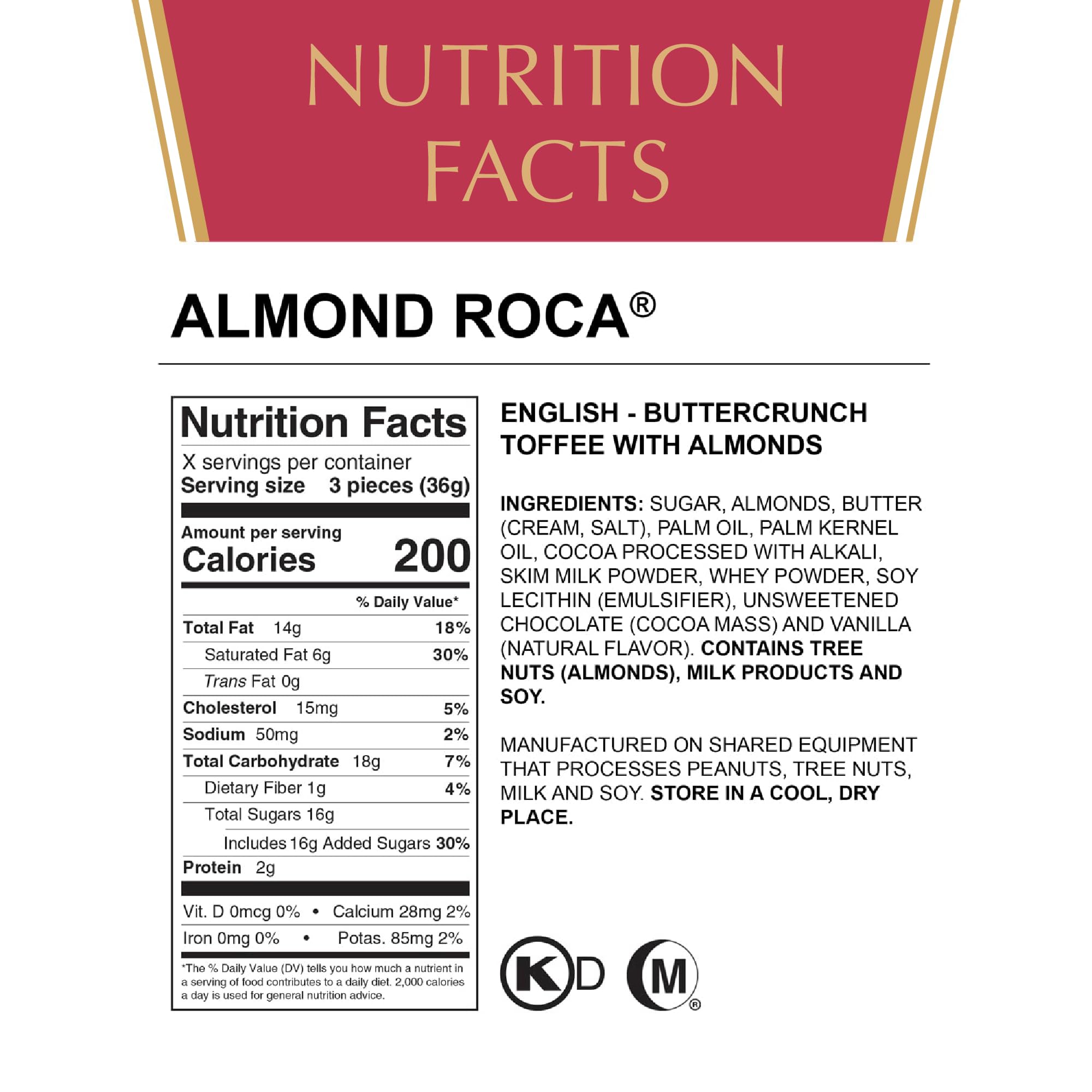 Roca Almond Buttercrunch canister with seal intact highlighting freshness and tamper-free packaging.