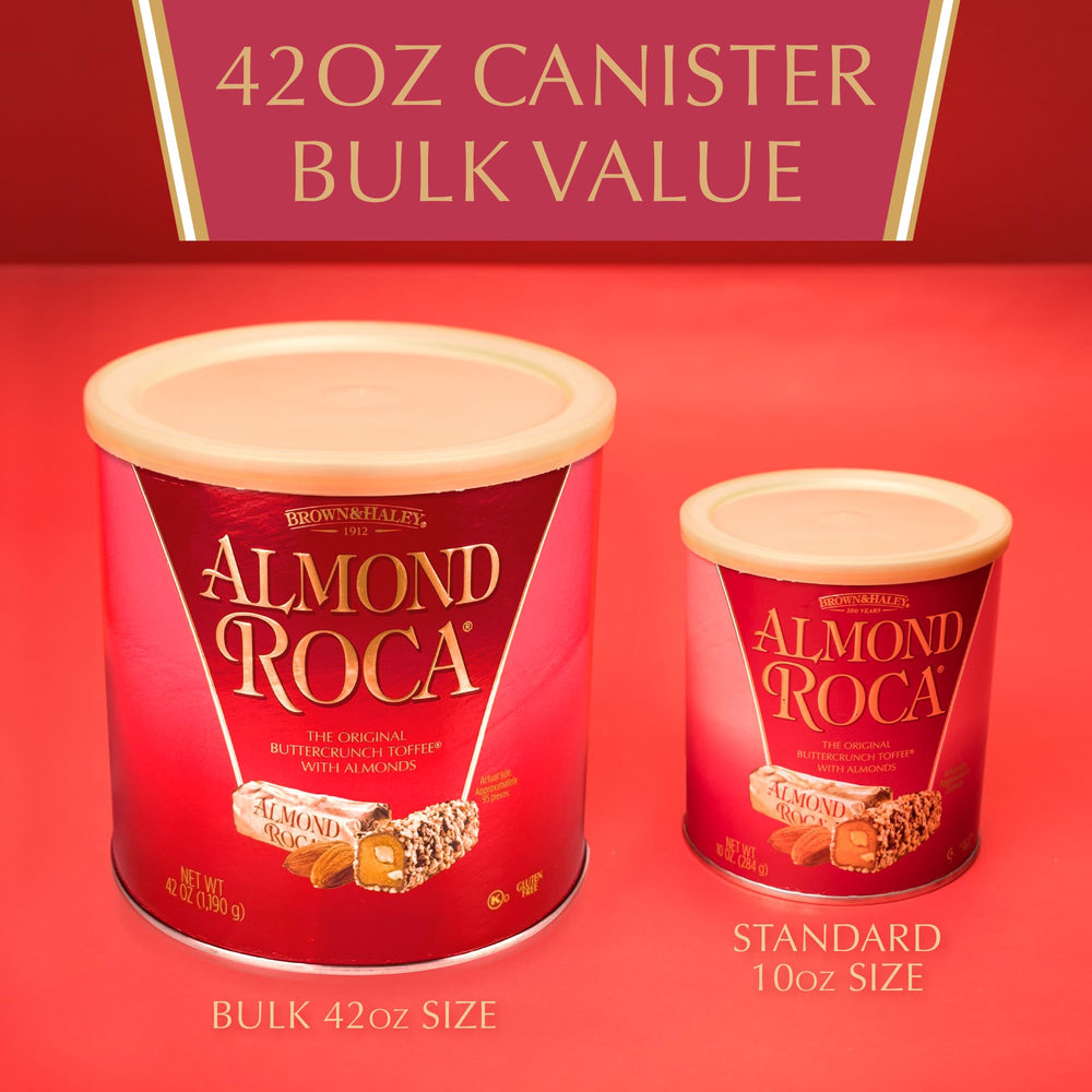 Roca Almond Buttercrunch toffee inside canister shows premium presentation.