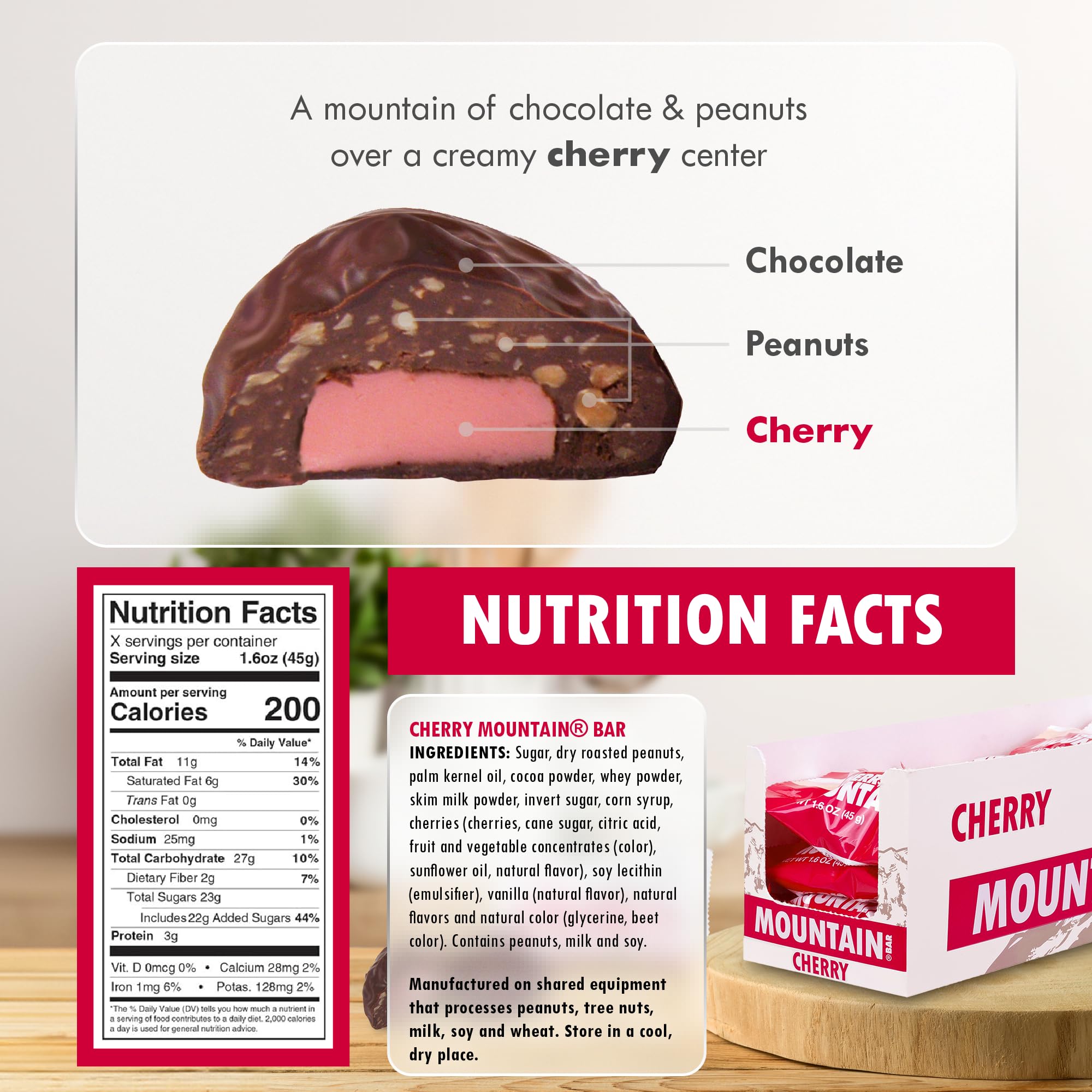 Roca Cherry Mountain Bar bite view reveals creamy center and peanut crunch