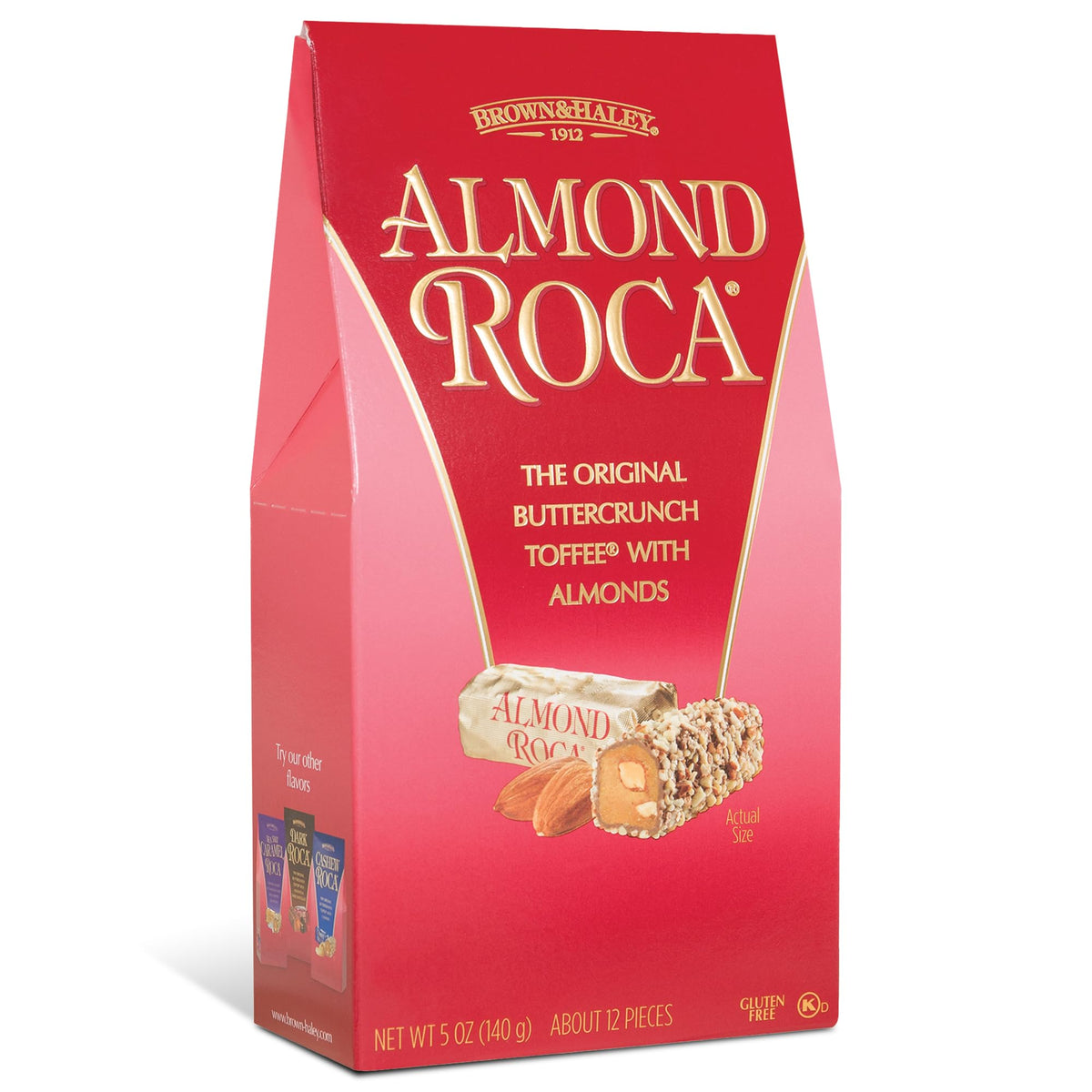 Roca stand-up box with chocolate caramel buttercrunch, ideal for gifting.
