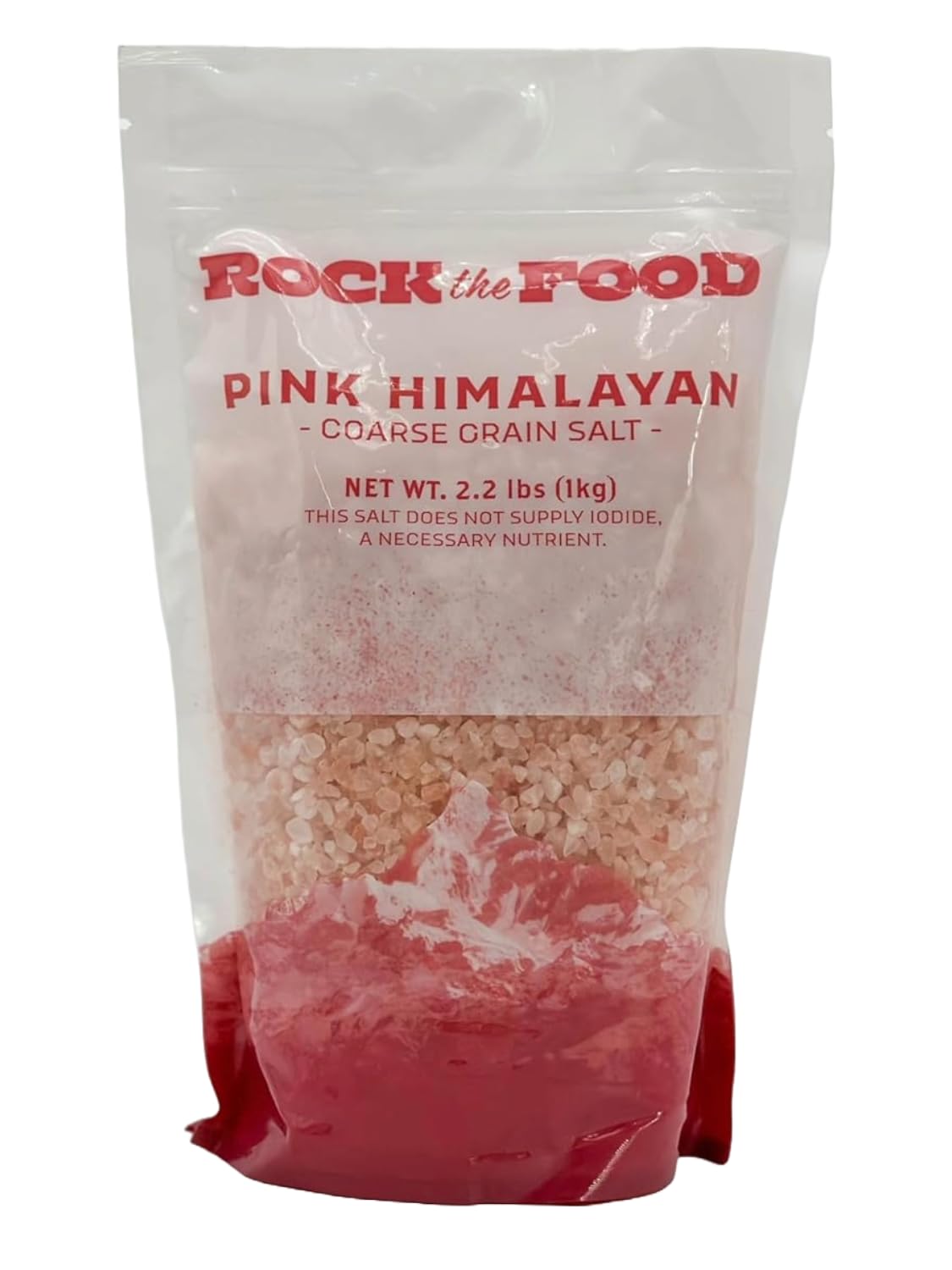 Rock the Food pink Himalayan salt bulk bottle showing natural crystals for gourmet seasoning