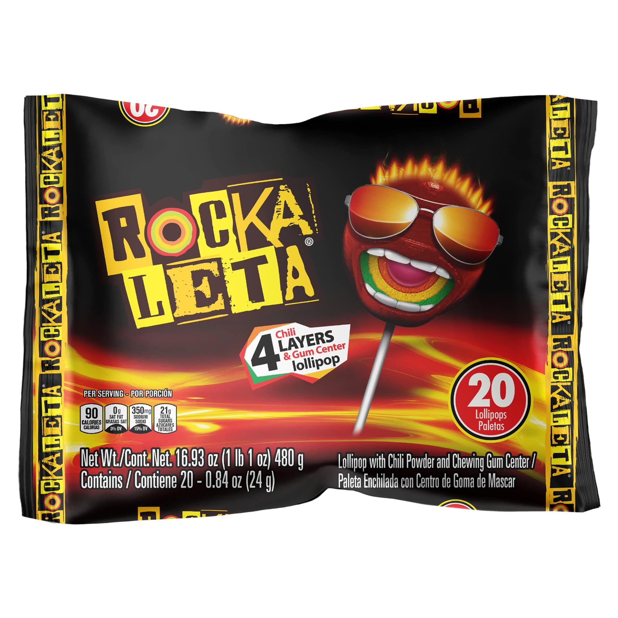 Rockaleta Chile lollipops pack front shows vibrant colors for festive snacking