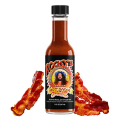 Rocky’s Bacon Hot Sauce bottle front view for a savory breakfast boost.
