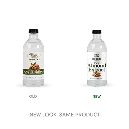Rodelle Almond Extract bottle pour demonstrates precise, small-drop flavor control.
