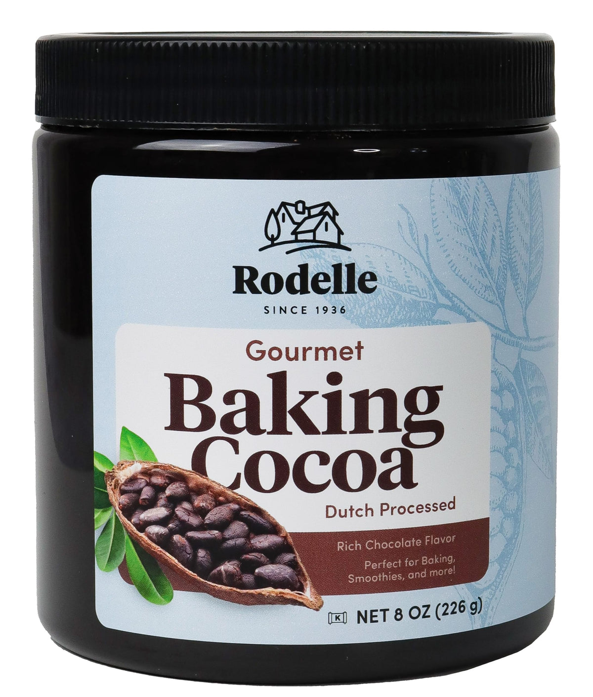 Rodelle Baking Cocoa front label highlights premium Dutch-processed cocoa for rich baking flavor