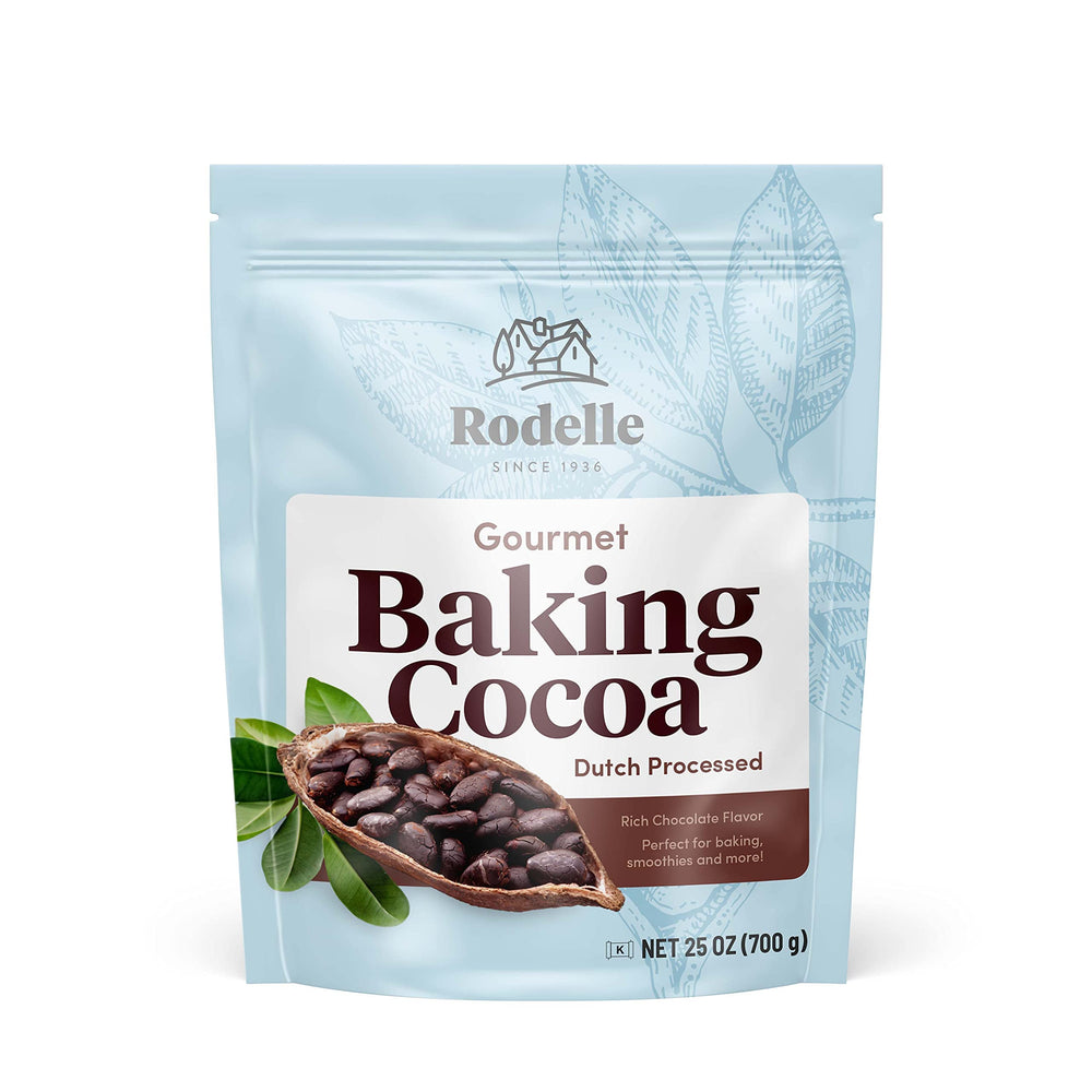 Rodelle Dutch Processed Gourmet Cocoa Powder bag shown for rich baking and dessert flavor