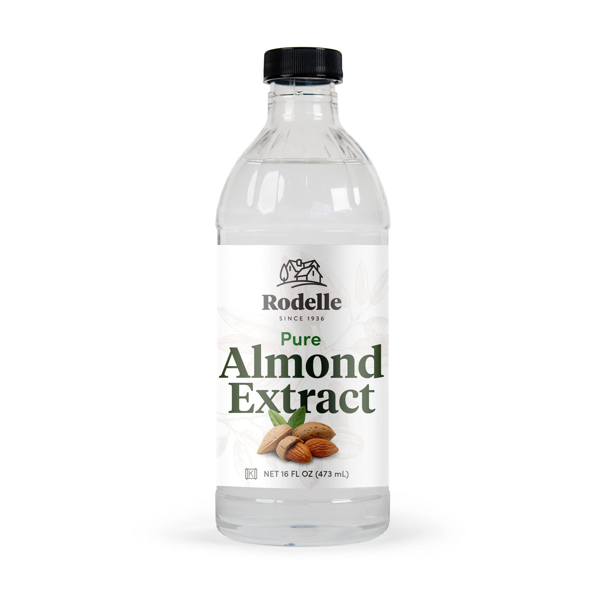 Rodelle Pure Almond Extract bottle front view enhances baking with rich almond aroma.