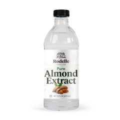 Rodelle Pure Almond Extract bottle front view enhances baking with rich almond aroma.