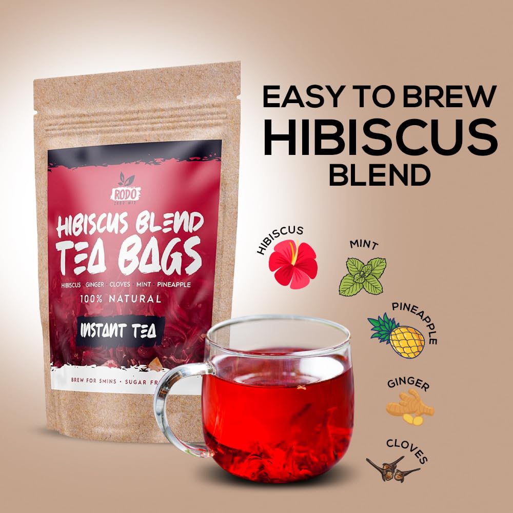 RodoZobo hibiscus tea bags cup amber aroma enhances relaxation and caffeine-free evenings.