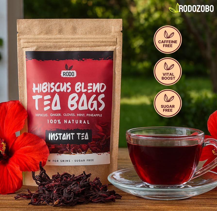 RodoZobo hibiscus tea bags dry leaves showcase fresh ginger mint and pineapple notes.