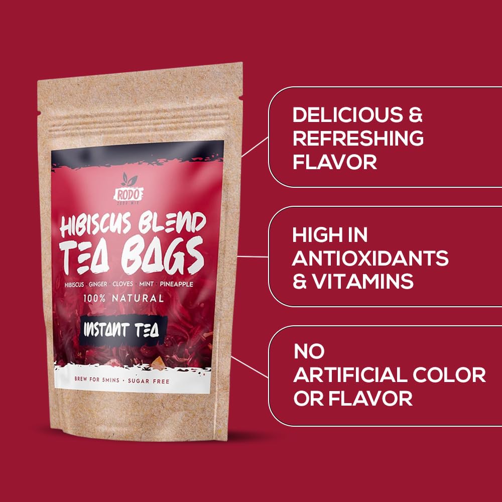 RodoZobo hibiscus tea bags fresh ginger mint pineapple hint supports everyday wellness.