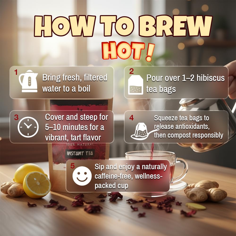 RodoZobo hibiscus tea bags hot brew steam suggesting cozy, caffeine-free evenings.