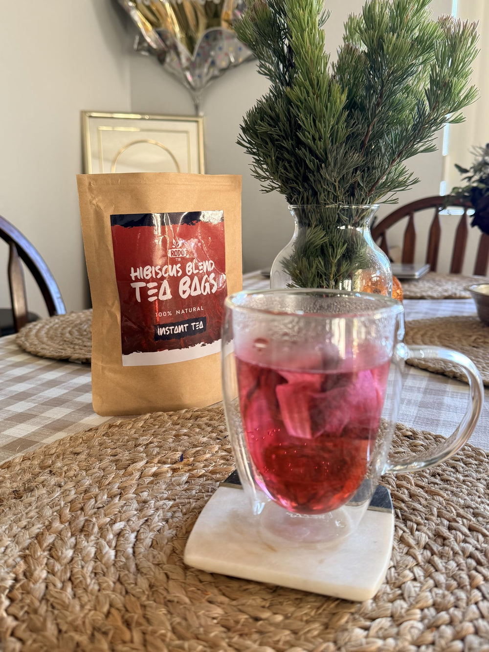 RodoZobo hibiscus tea bags tea-bag closeup shows vibrant color and natural ingredients.