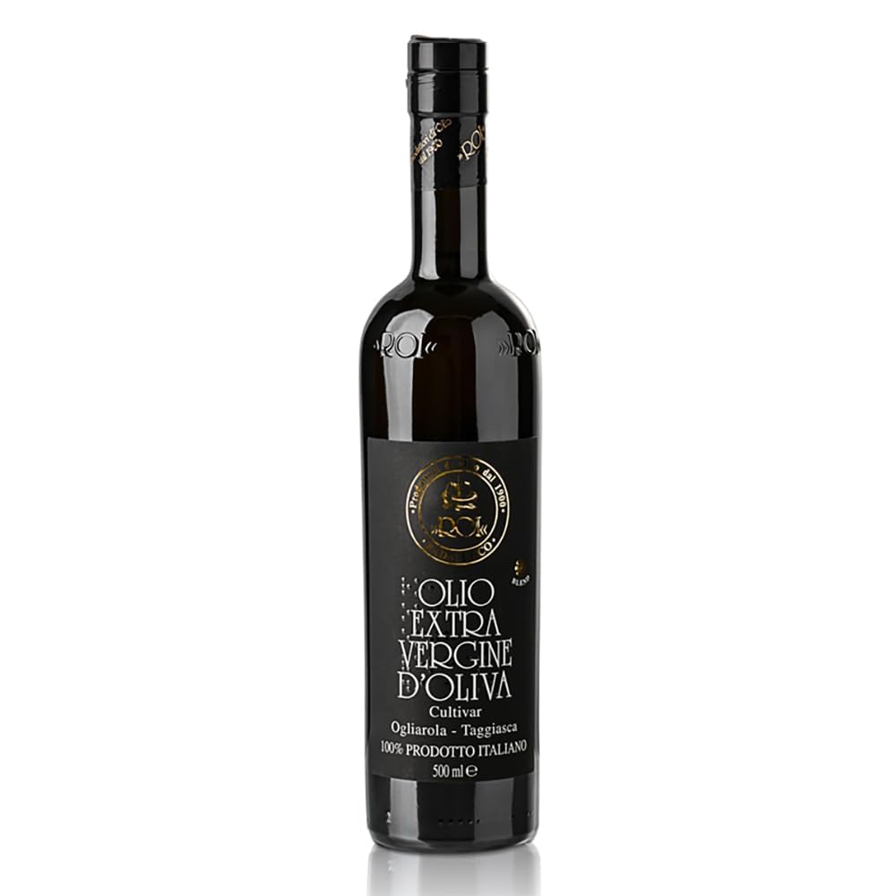 ROI Taggiasca EVOO bottle cap highlights premium Ligurian flavor for finishing dishes.