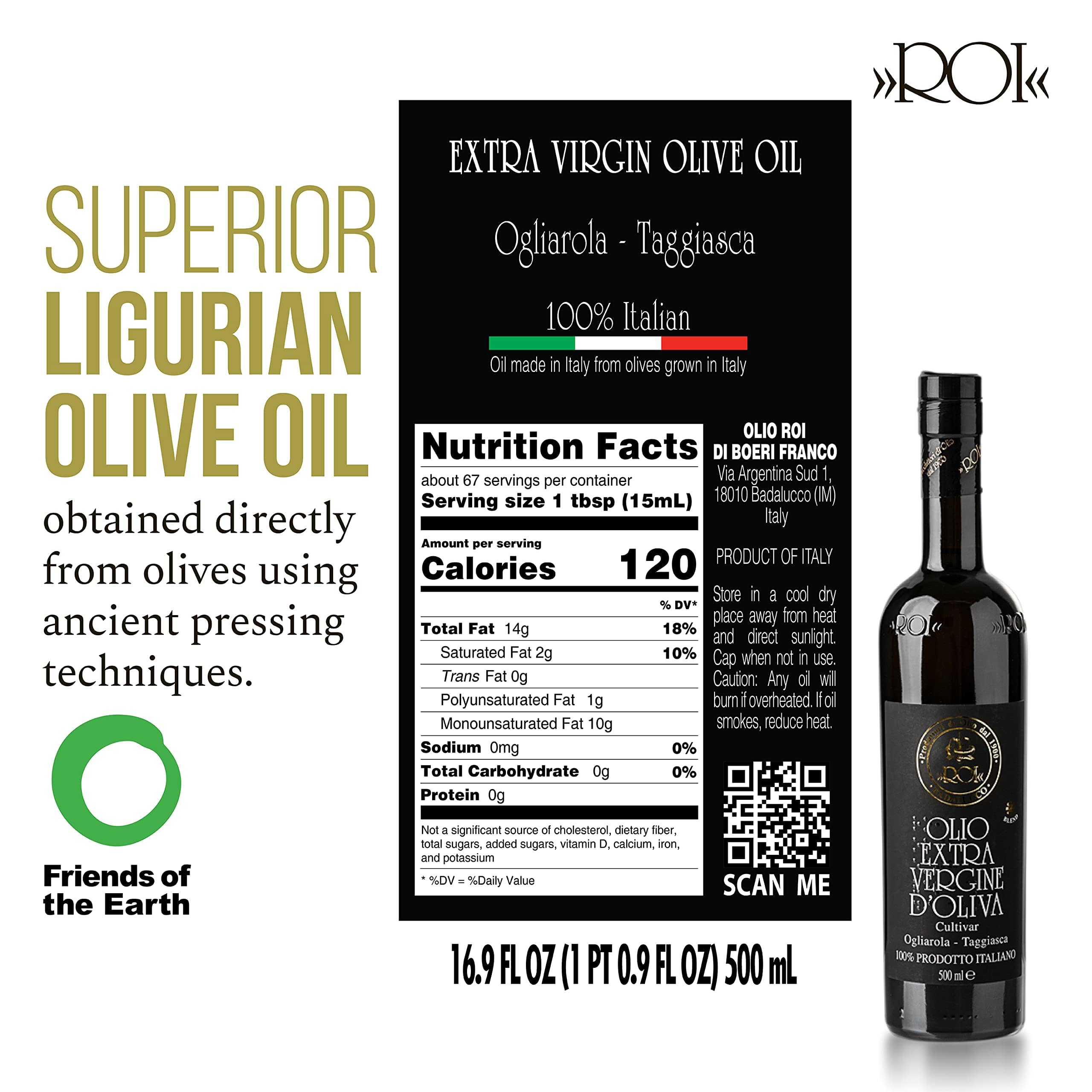 ROI Taggiasca EVOO bottle pour shows smooth texture ideal for dressings and sautéing.