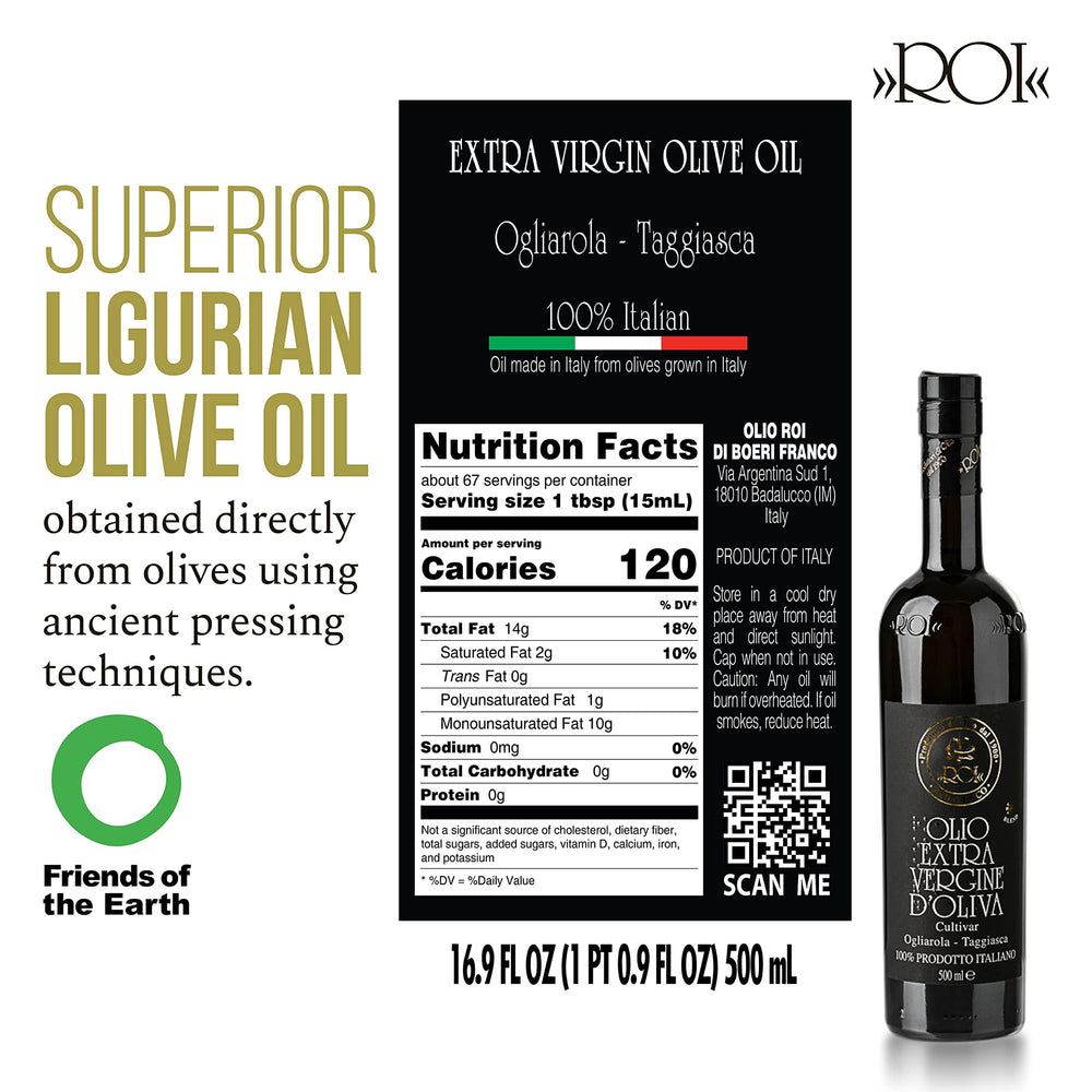 ROI Taggiasca EVOO bottle pour shows smooth texture ideal for dressings and sautéing.