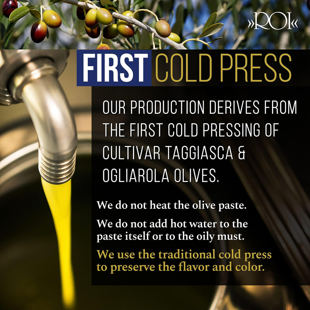 ROI Taggiasca EVOO traditional granite mill processing preserves fresh aroma.