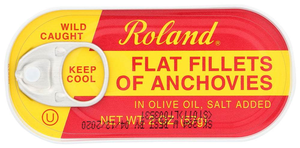 Roland Anchovies in Olive Oil 2oz jar label highlights sustainable sourcing and premium quality.