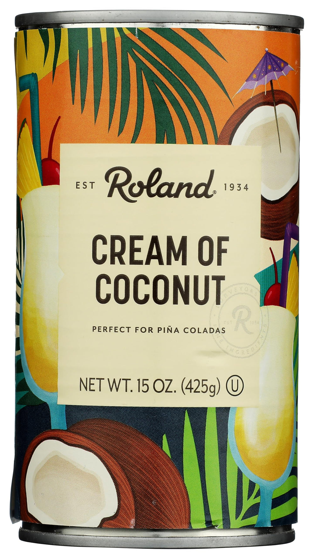 Roland Foods Cream of Coconut label close-up showcasing silky flavor for recipes.