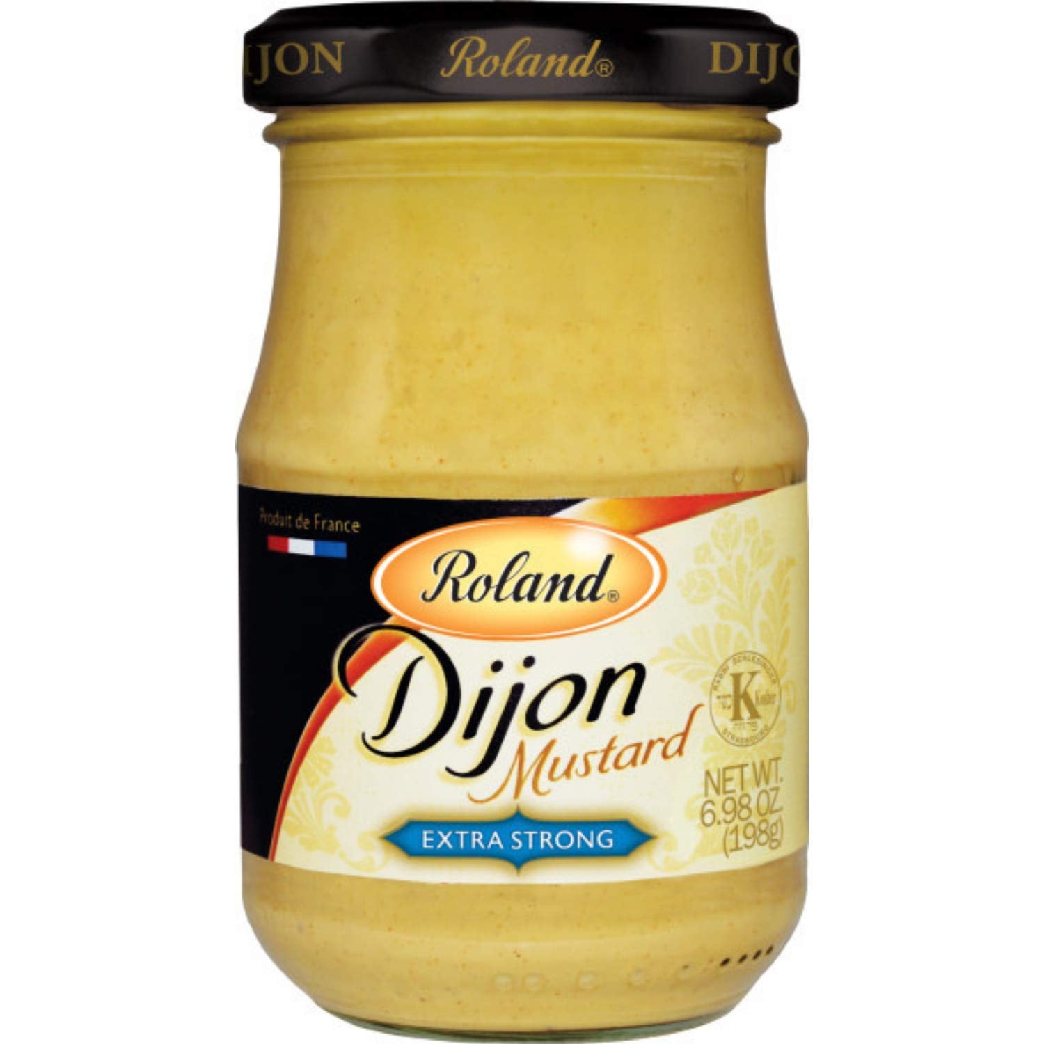 Roland Foods extra-strong Dijon mustard jar with rich color, ideal for marinades.