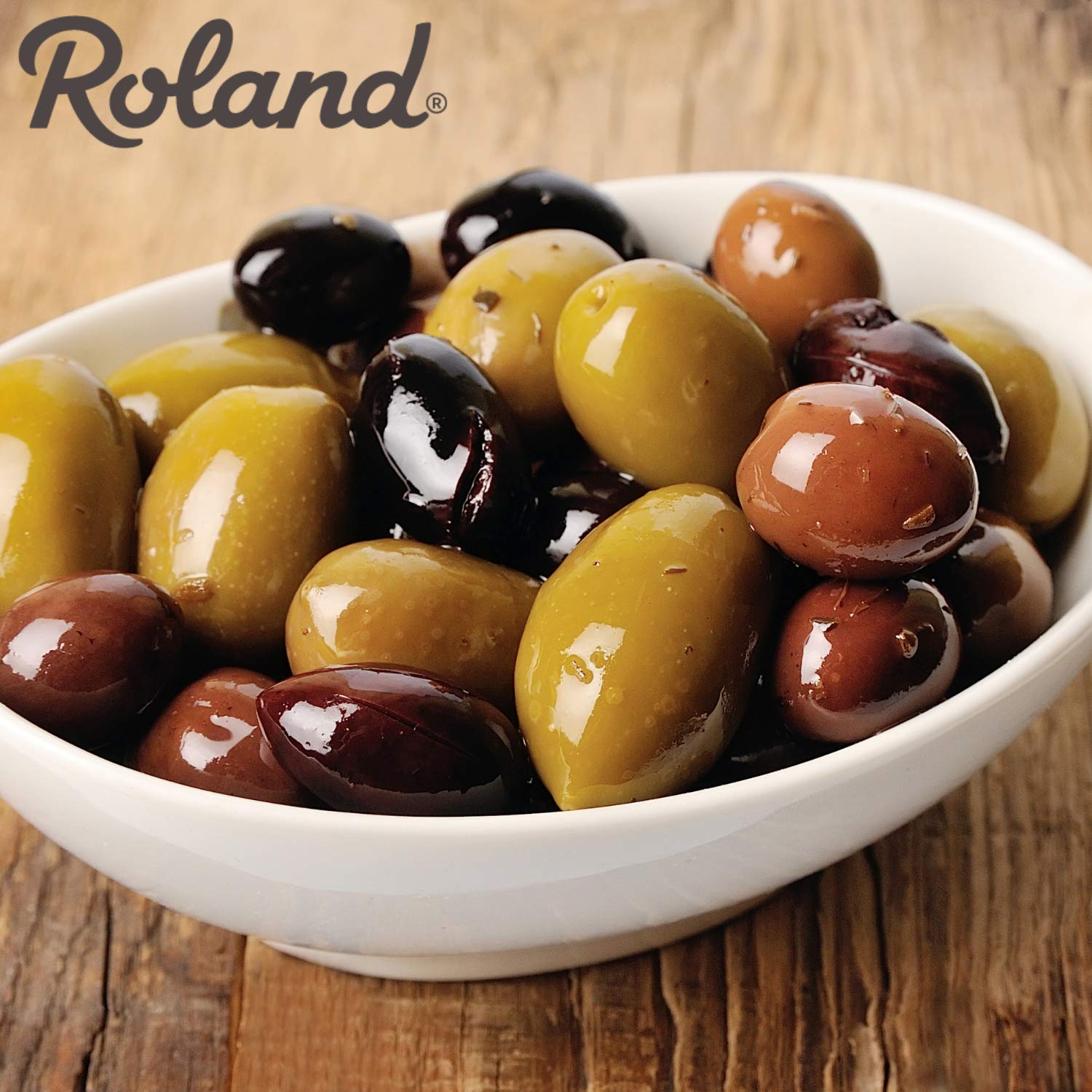 Roland Foods Greek Olive Mix on an antipasti platter.