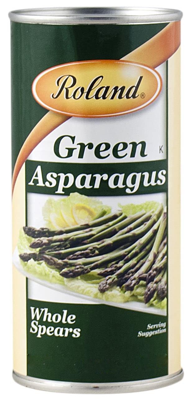Roland Foods green asparagus spears in can, ready-to-serve side dish.