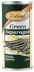 Roland Foods green asparagus spears in can, ready-to-serve side dish.