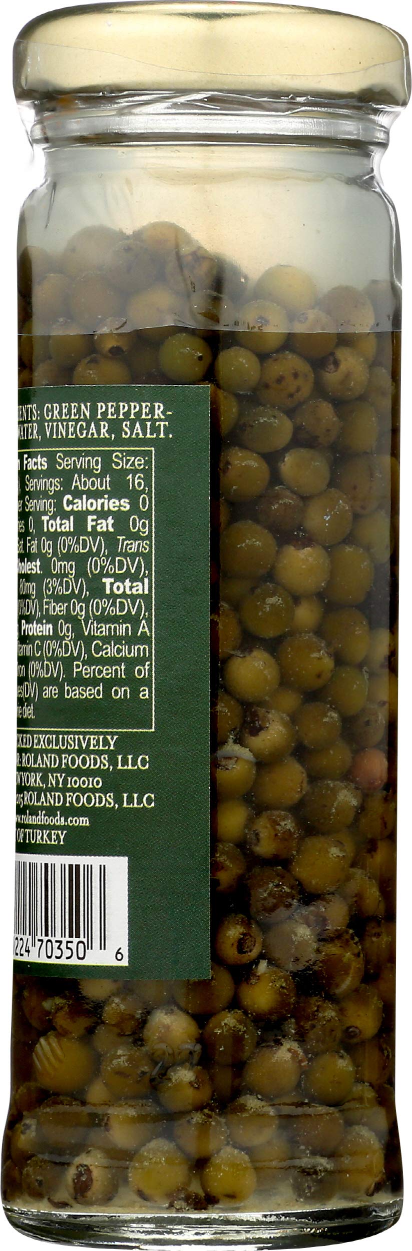 Roland Foods green peppercorns close-up, plump and brined