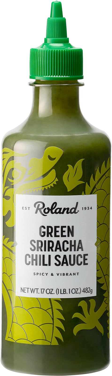 Roland Foods Green Sriracha bottle front view highlighting versatile heat for bowls and tacos.