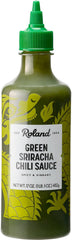 Roland Foods Green Sriracha bottle front view highlighting versatile heat for bowls and tacos.