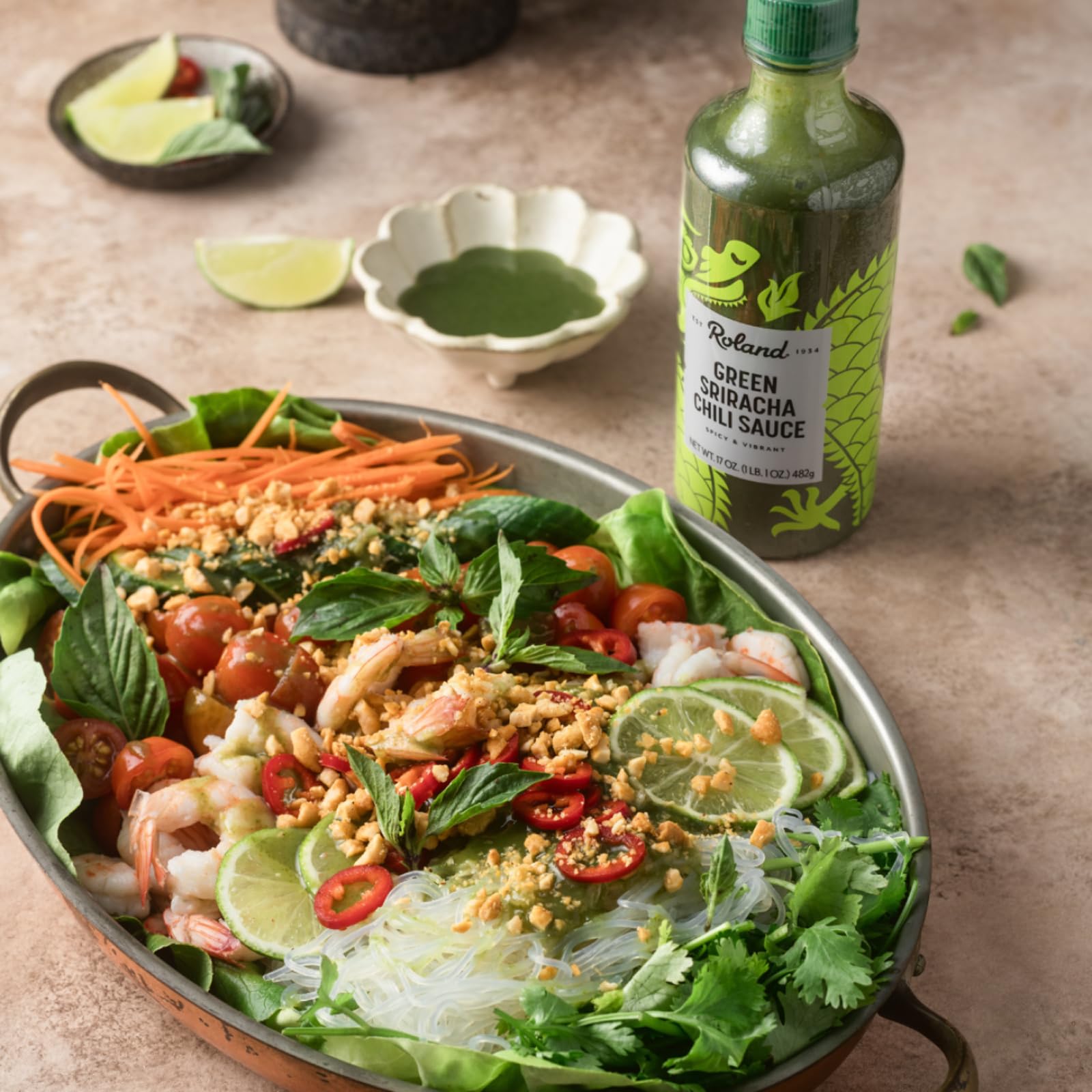 Roland Foods Green Sriracha ingredients label featuring green chili and lemongrass.